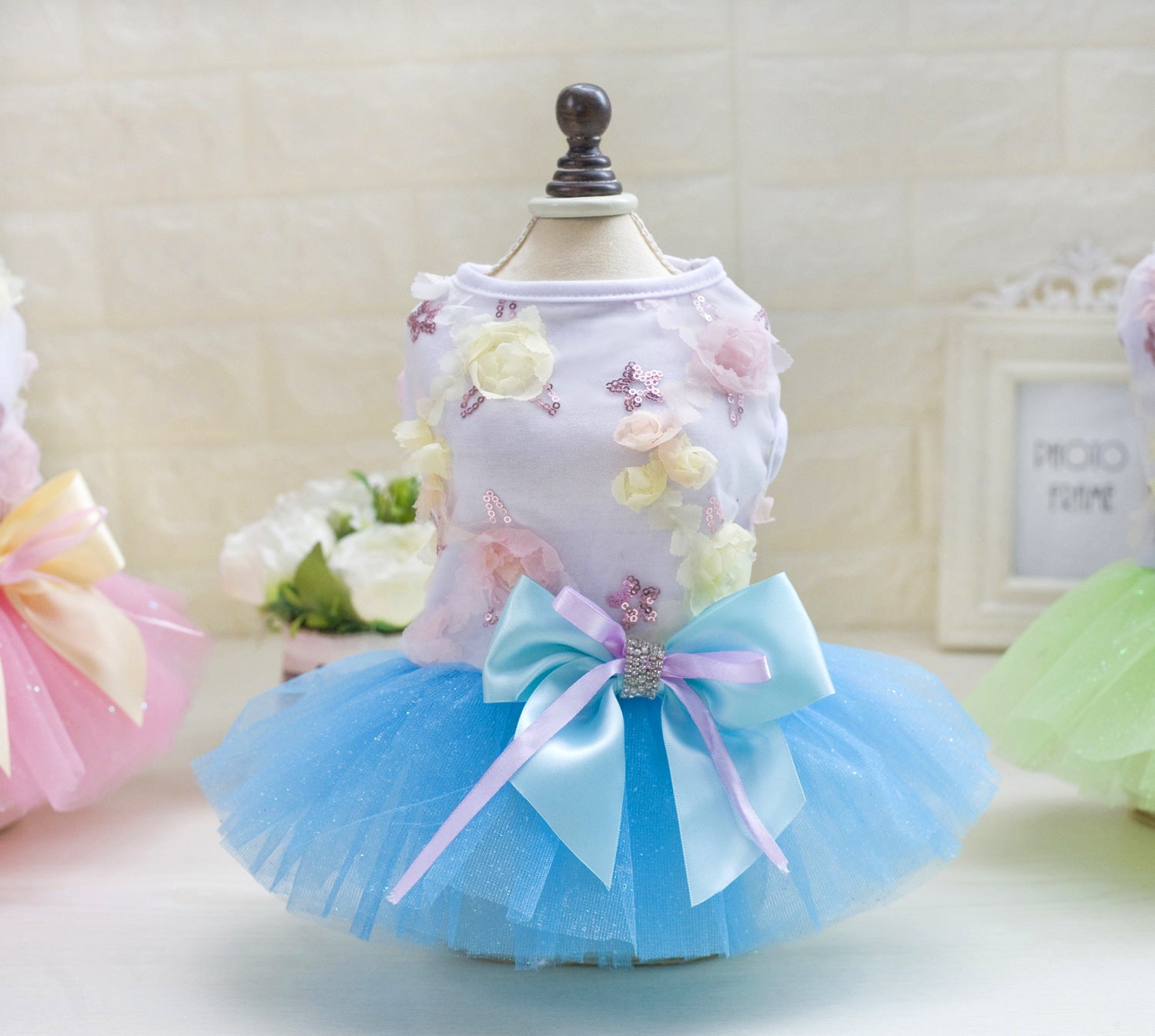 KFX-2719165 Teddy Dog Cotton Princess Skirt Dress in Blue, Green, Pink - Sizes XS to XL