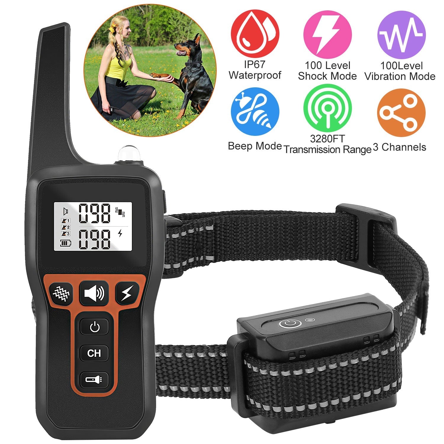 KFX-2720445 Rechargeable Dog Training Collar with Beep, Vibration, and Shock Modes, IP67 Waterproof, 3280FT Range, 3 Channels
