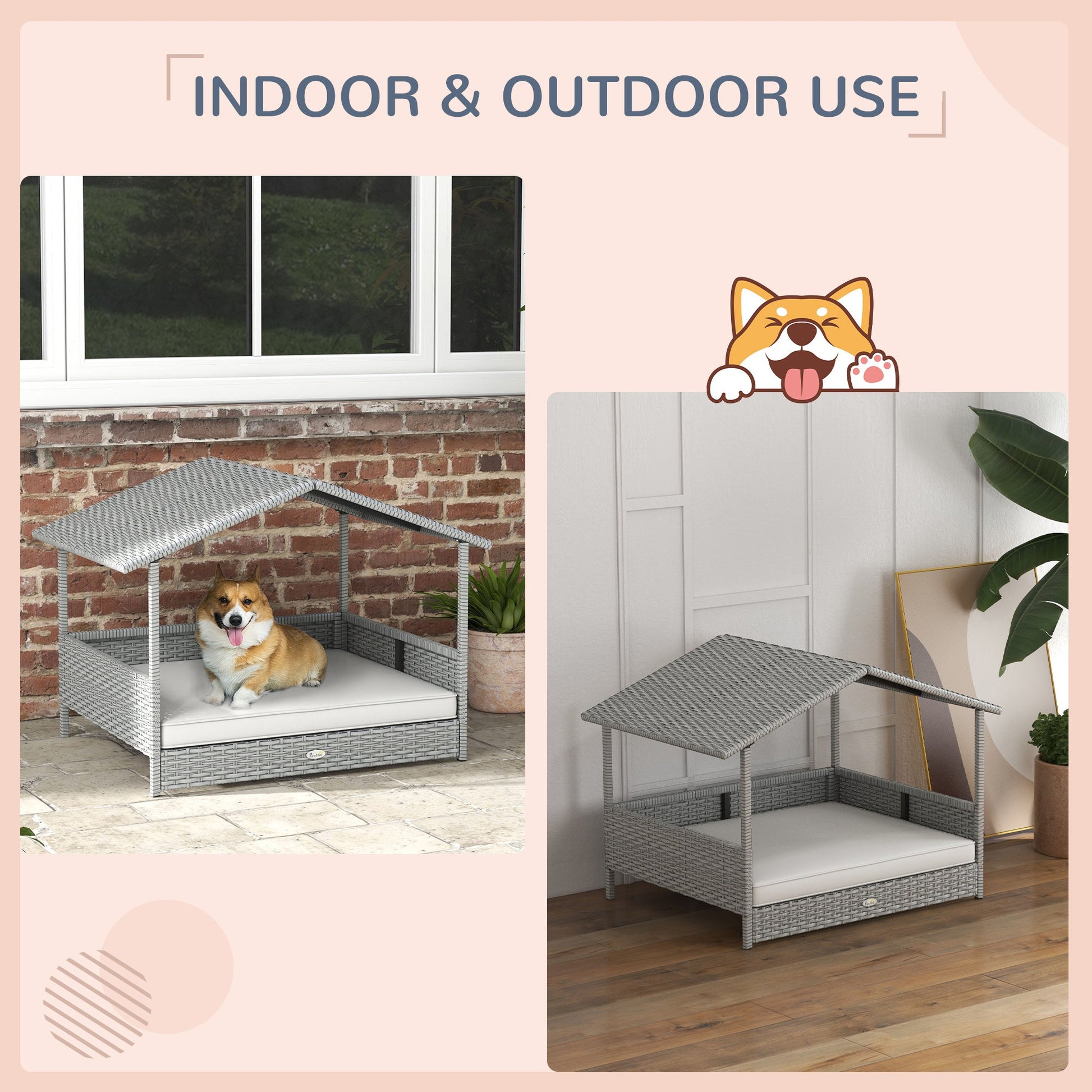 KFX-2734909 Outdoor Wicker Dog House with Canopy, Rattan Pet Bed and Water-Resistant Cushion for Small to Medium Breeds up to 66 lbs