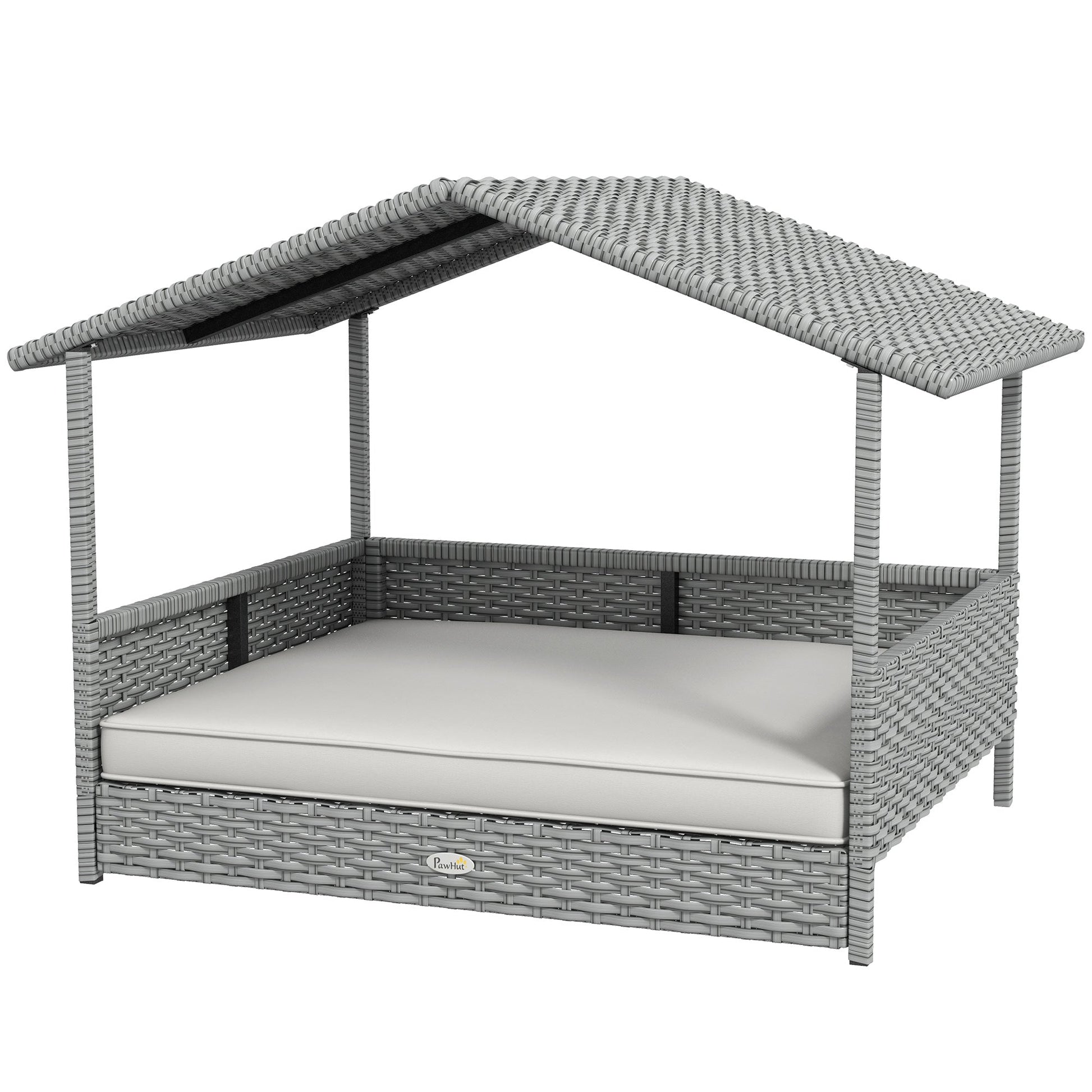 KFX-2734909 Outdoor Wicker Dog House with Canopy, Rattan Pet Bed and Water-Resistant Cushion for Small to Medium Breeds up to 66 lbs