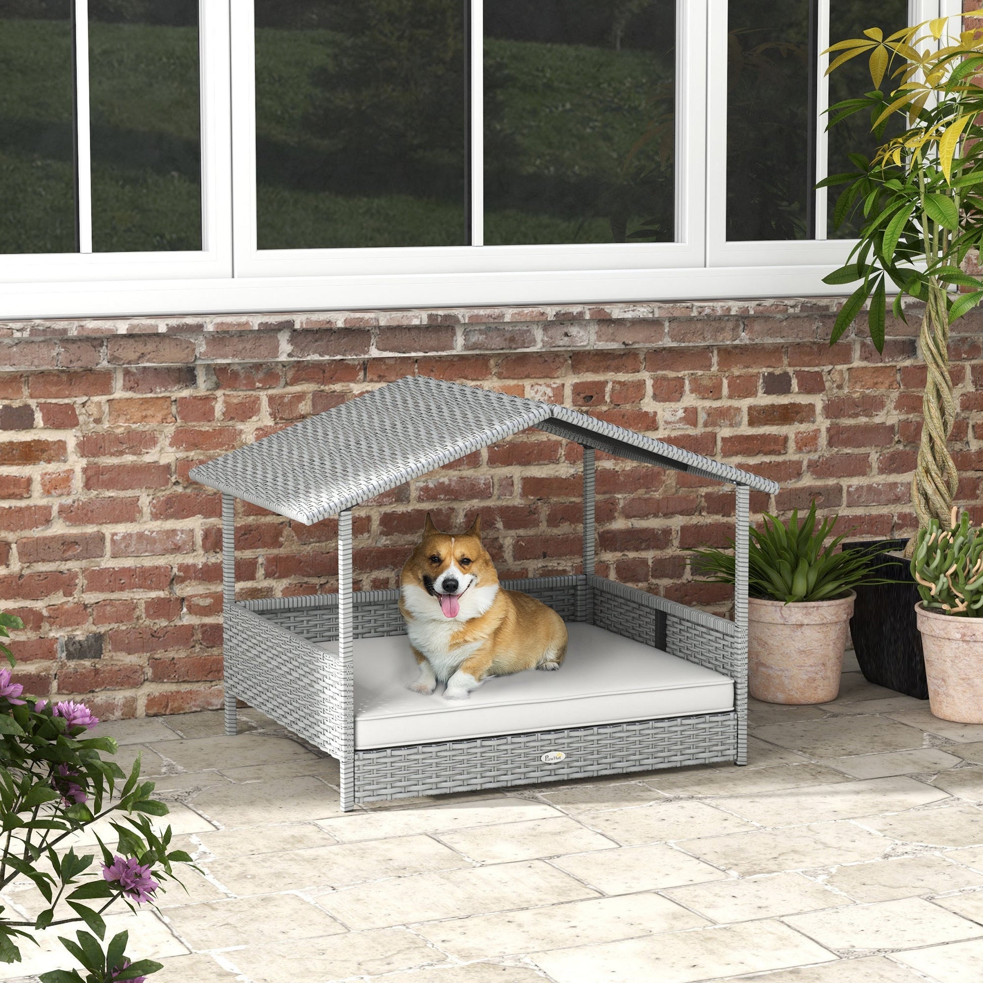 KFX-2734909 Outdoor Wicker Dog House with Canopy, Rattan Pet Bed and Water-Resistant Cushion for Small to Medium Breeds up to 66 lbs