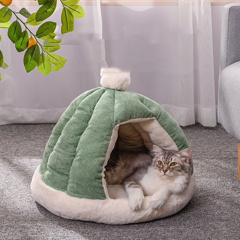 KFX-2736317 Half Enclosed Pet Bed for Dogs and Cats in Green and Gray - Available in Small and Large Sizes