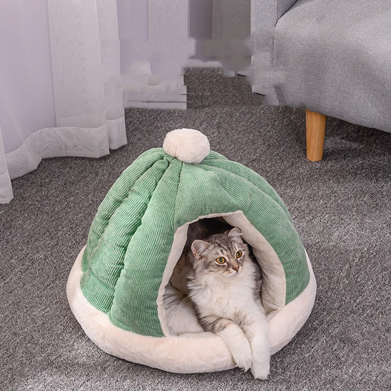 KFX-2736317 Half Enclosed Pet Bed for Dogs and Cats in Green and Gray - Available in Small and Large Sizes