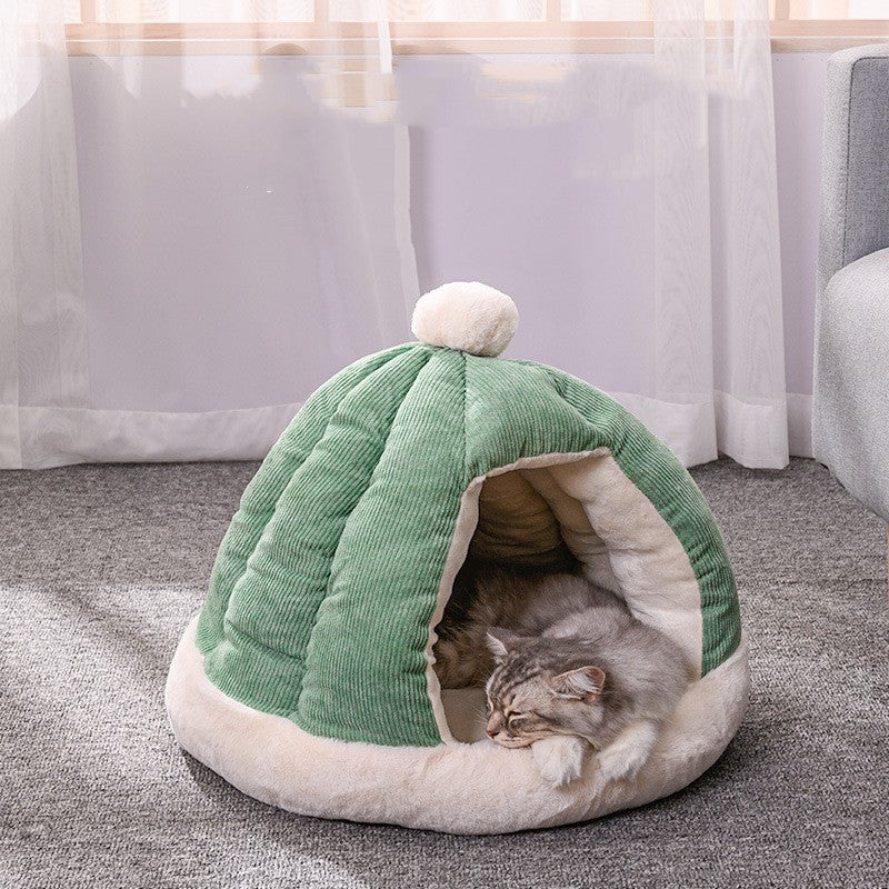 KFX-2736317 Half Enclosed Pet Bed for Dogs and Cats in Green and Gray - Available in Small and Large Sizes