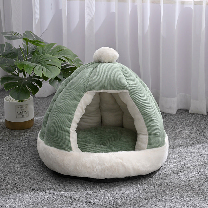 KFX-2736317 Half Enclosed Pet Bed for Dogs and Cats in Green and Gray - Available in Small and Large Sizes
