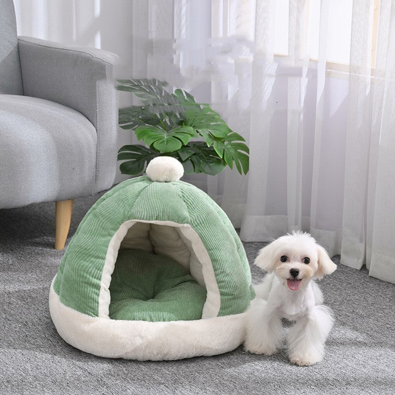 KFX-2736317 Half Enclosed Pet Bed for Dogs and Cats in Green and Gray - Available in Small and Large Sizes
