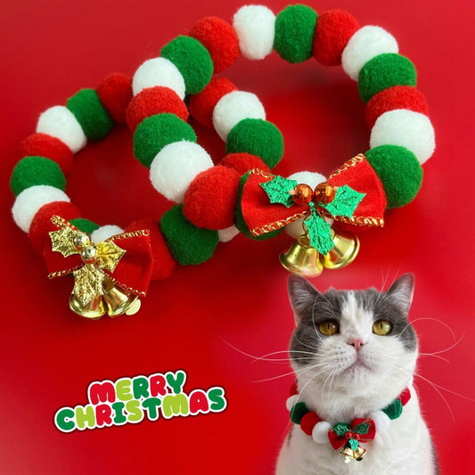 KFX-2738237 Festive Plush Ball Christmas Collar for Dogs and Cats with Soft Elasticity and Bow