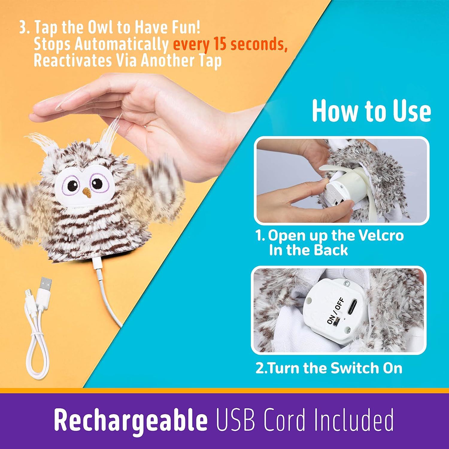 KFX-2739517 Interactive Rechargeable Automatic Owl Cat Toy with Catnip - Flapping Wings, Three Modes for Engaging Play