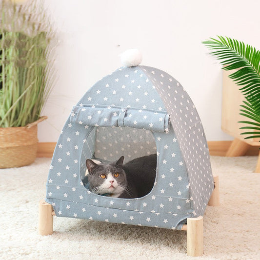 KFX-2742077 Removable and Washable Linen Cat House with Wooden Frame