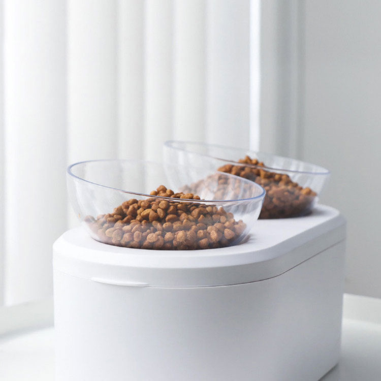 KFX-2742205 Transparent Double Bowl Pet Feeding Station - Oblique Mouth Design, White Resin