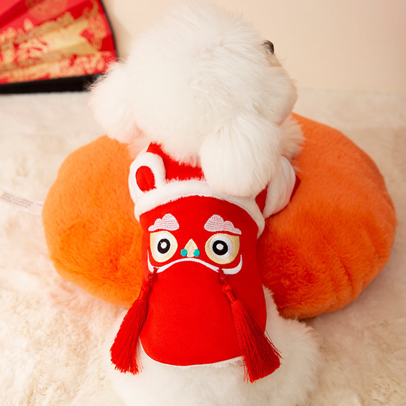 KFX-2746557 Lunar New Year Lion Dance Pet Outfit for Dogs and Cats - Warm Cotton-Padded Clothing with Traditional Embroidery and Tassels