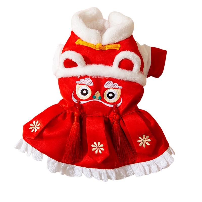 KFX-2746557 Lunar New Year Lion Dance Pet Outfit for Dogs and Cats - Warm Cotton-Padded Clothing with Traditional Embroidery and Tassels