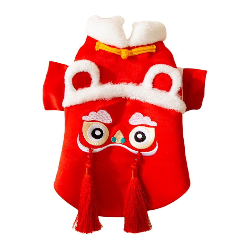 KFX-2746557 Lunar New Year Lion Dance Pet Outfit for Dogs and Cats - Warm Cotton-Padded Clothing with Traditional Embroidery and Tassels