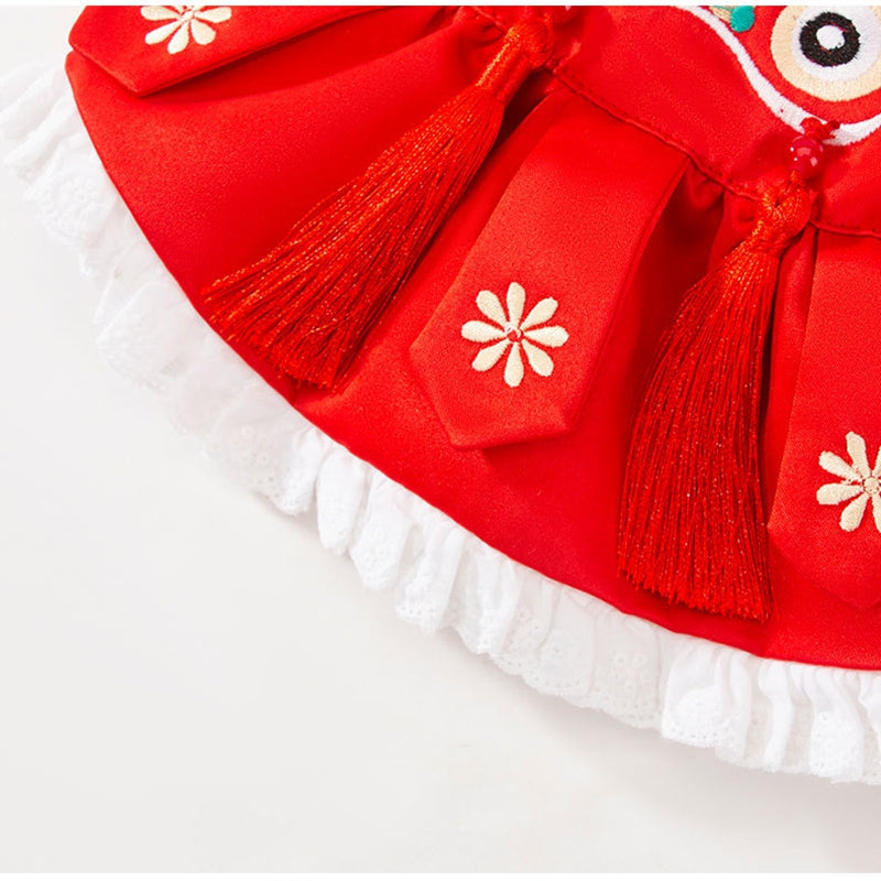 KFX-2746557 Lunar New Year Lion Dance Pet Outfit for Dogs and Cats - Warm Cotton-Padded Clothing with Traditional Embroidery and Tassels