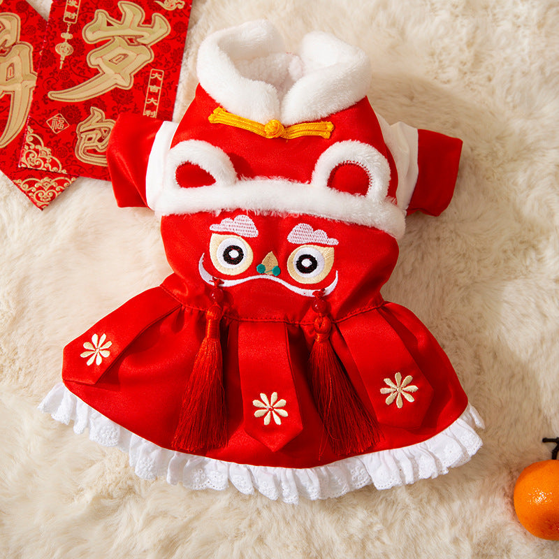 KFX-2746557 Lunar New Year Lion Dance Pet Outfit for Dogs and Cats - Warm Cotton-Padded Clothing with Traditional Embroidery and Tassels