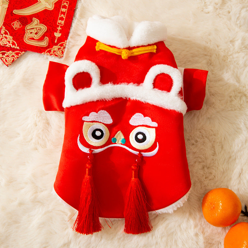 KFX-2746557 Lunar New Year Lion Dance Pet Outfit for Dogs and Cats - Warm Cotton-Padded Clothing with Traditional Embroidery and Tassels