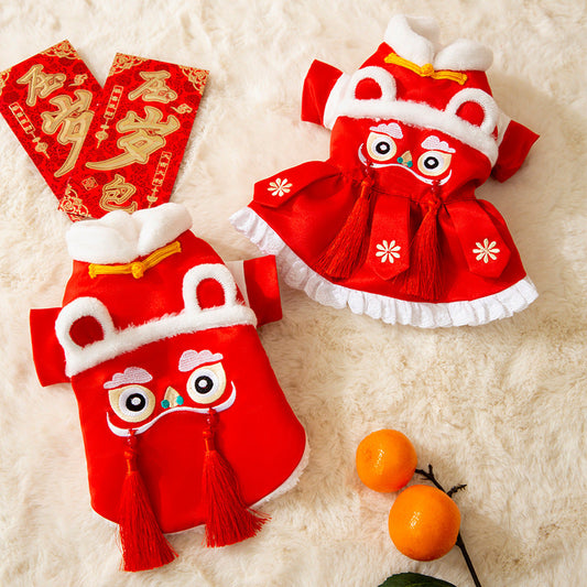 KFX-2746557 Lunar New Year Lion Dance Pet Outfit for Dogs and Cats - Warm Cotton-Padded Clothing with Traditional Embroidery and Tassels