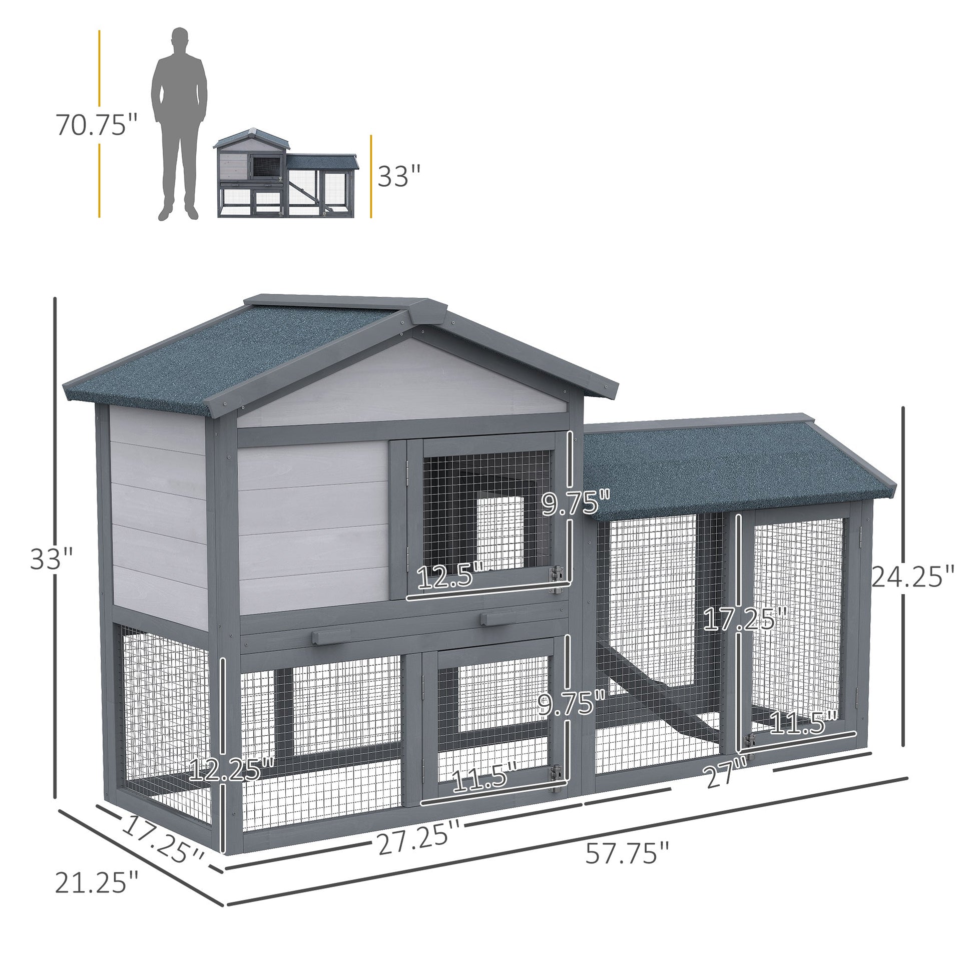KFX-2751421 Large Outdoor Indoor Rabbit Hutch with Run, Removable Tray, Lockable Doors, Asphalt Roof for Small Pets - Dark Gray