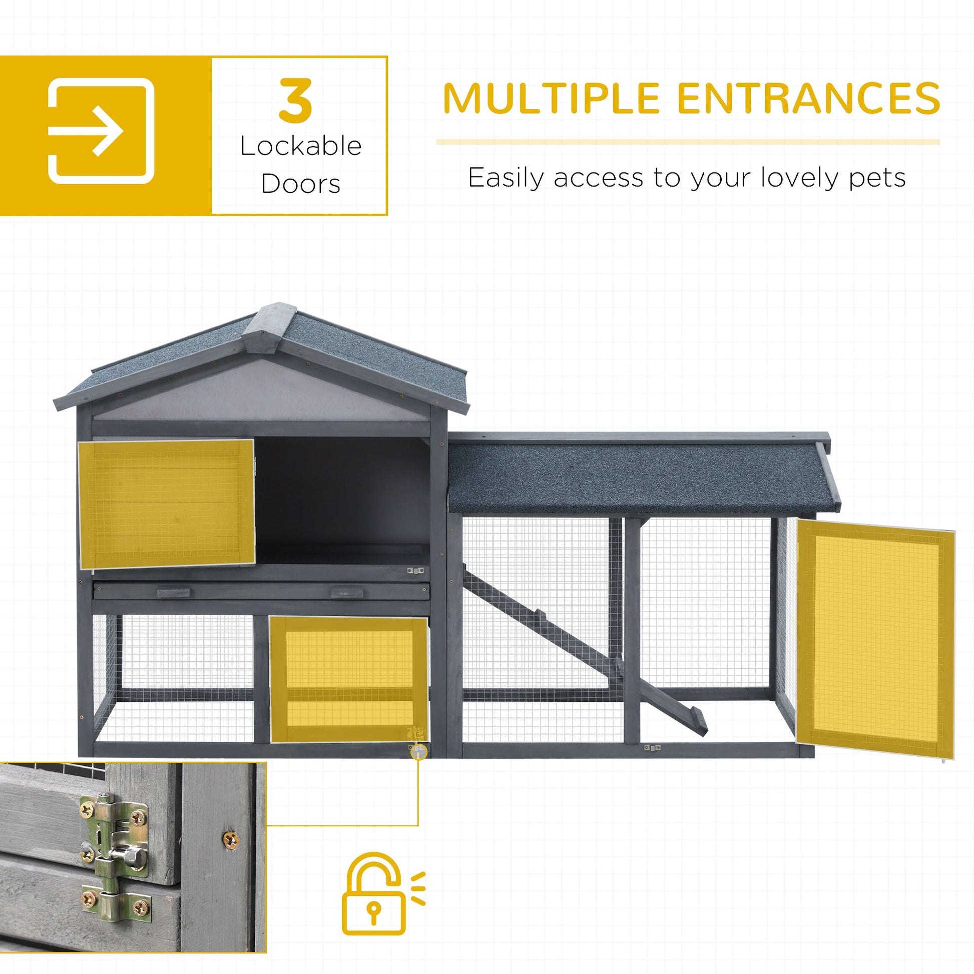 KFX-2751421 Large Outdoor Indoor Rabbit Hutch with Run, Removable Tray, Lockable Doors, Asphalt Roof for Small Pets - Dark Gray