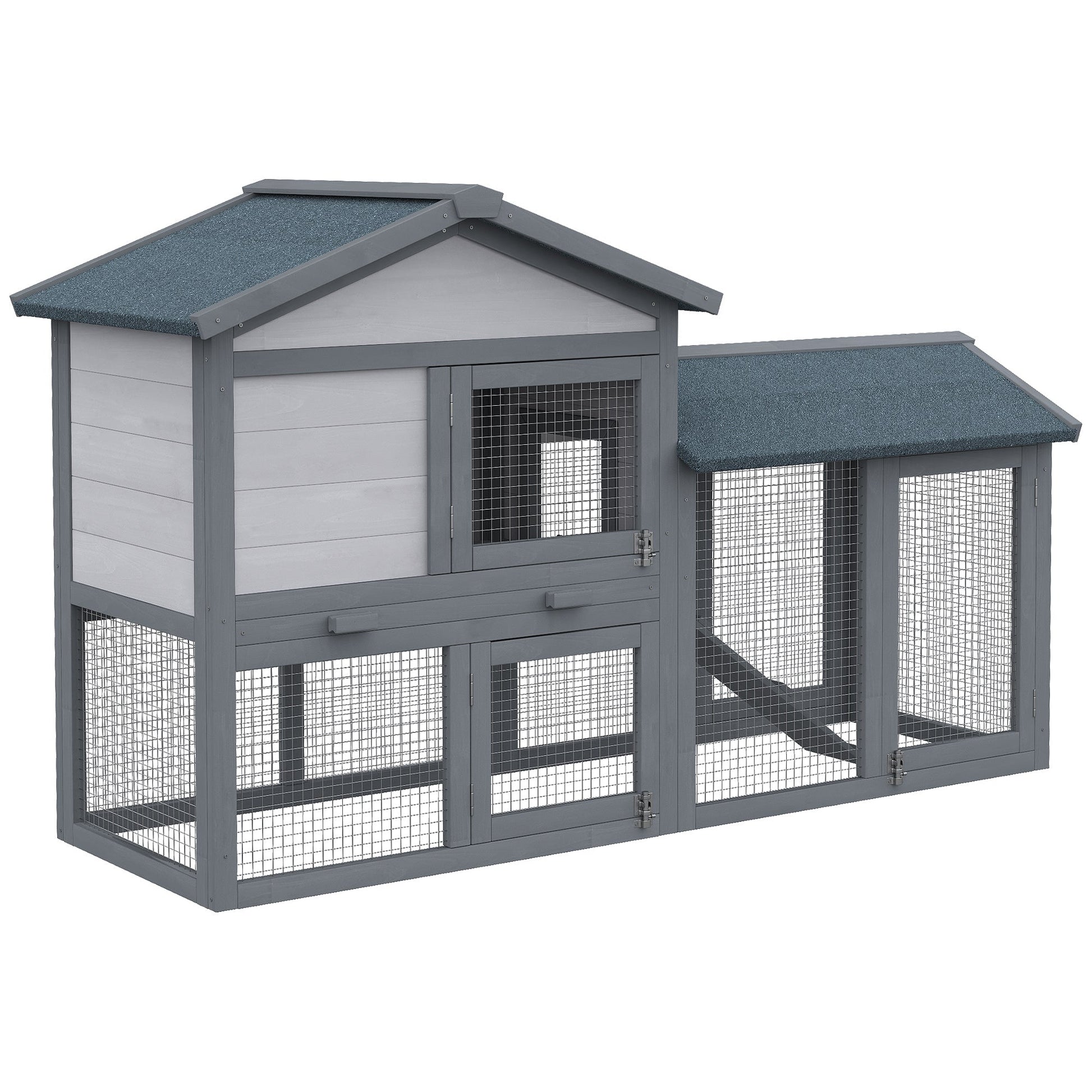KFX-2751421 Large Outdoor Indoor Rabbit Hutch with Run, Removable Tray, Lockable Doors, Asphalt Roof for Small Pets - Dark Gray