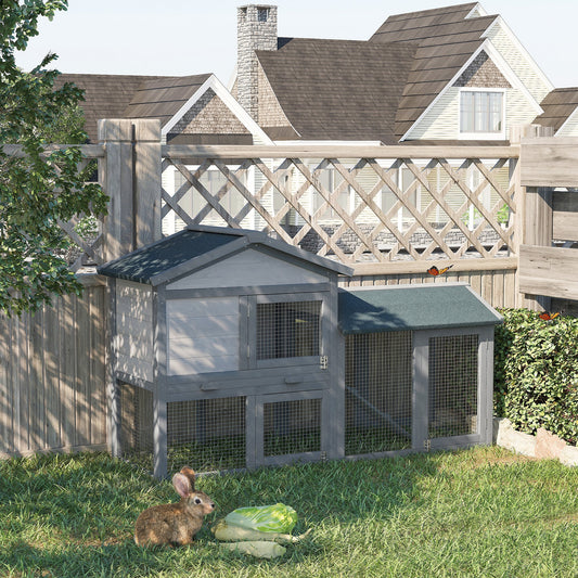 KFX-2751421 Large Outdoor Indoor Rabbit Hutch with Run, Removable Tray, Lockable Doors, Asphalt Roof for Small Pets - Dark Gray