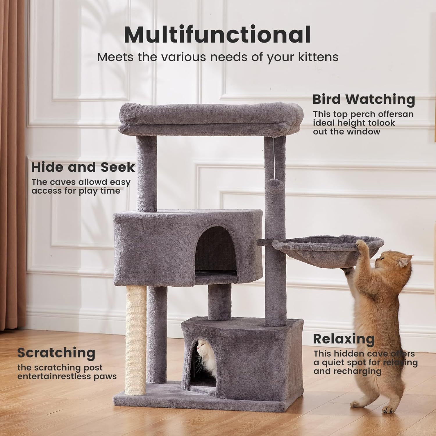 KFX-2758973 Large Cat Tree with Heavy-Duty Scratch Post and Washable Perch for Medium to Large Cats