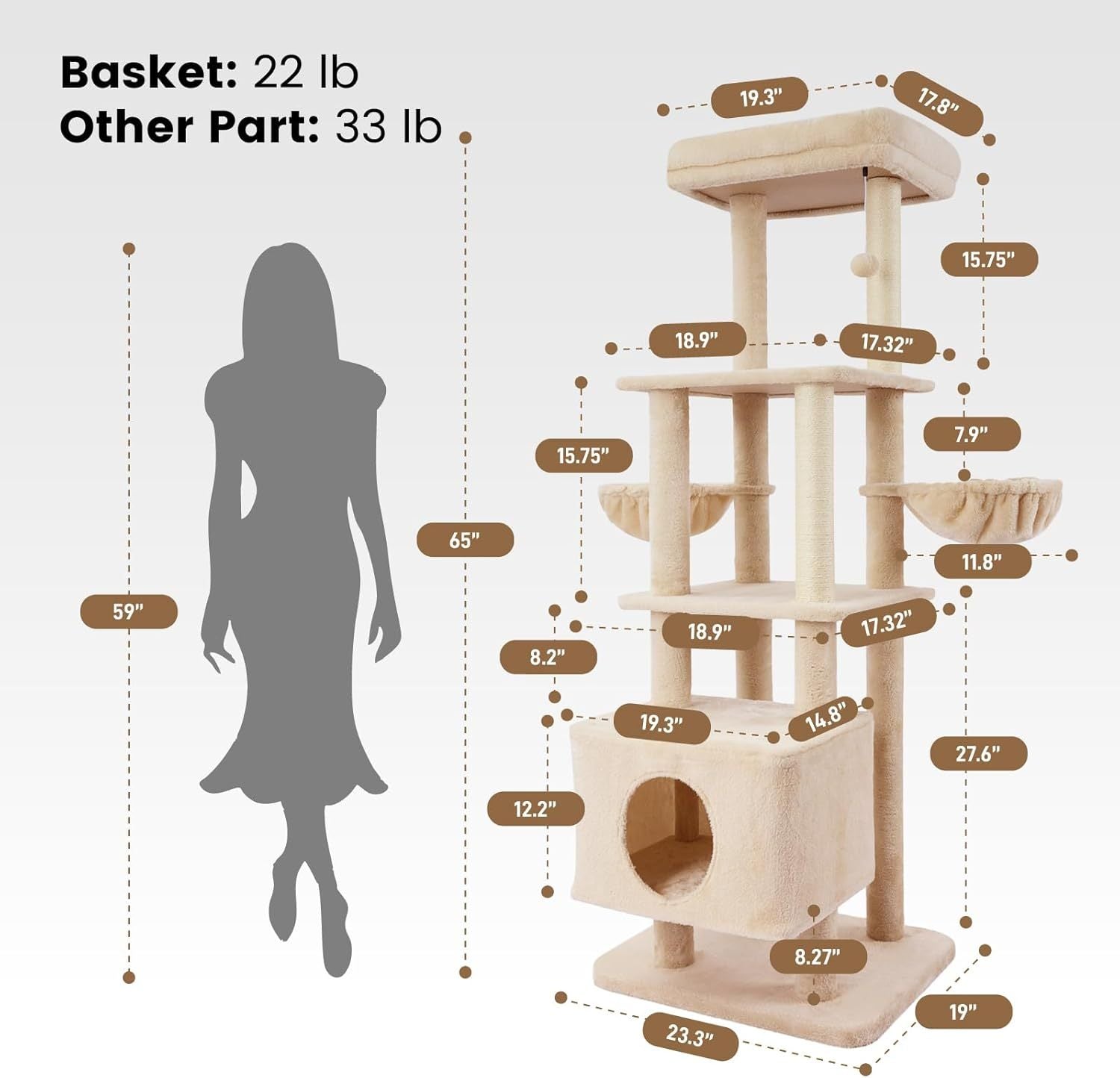 KFX-2758973 Large Cat Tree with Heavy-Duty Scratch Post and Washable Perch for Medium to Large Cats