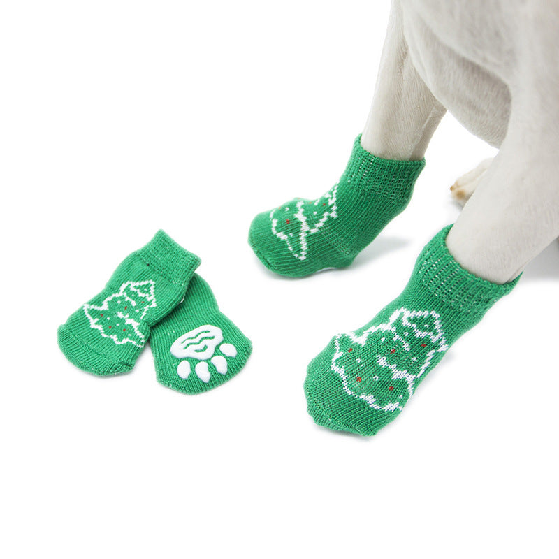 KFX-2760125 Non-Slip Cotton Dog Socks - Green Christmas Tree Design for All Seasons