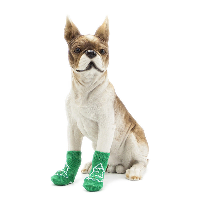 KFX-2760125 Non-Slip Cotton Dog Socks - Green Christmas Tree Design for All Seasons