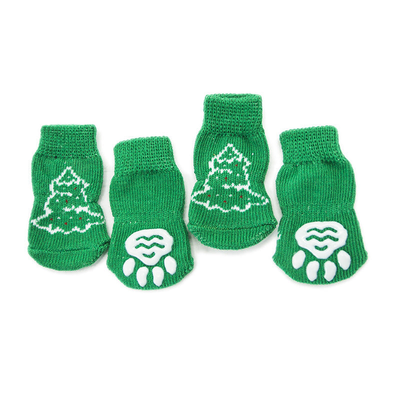 KFX-2760125 Non-Slip Cotton Dog Socks - Green Christmas Tree Design for All Seasons