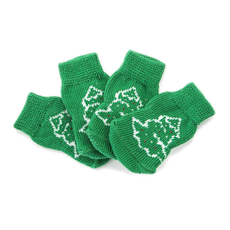 KFX-2760125 Non-Slip Cotton Dog Socks - Green Christmas Tree Design for All Seasons