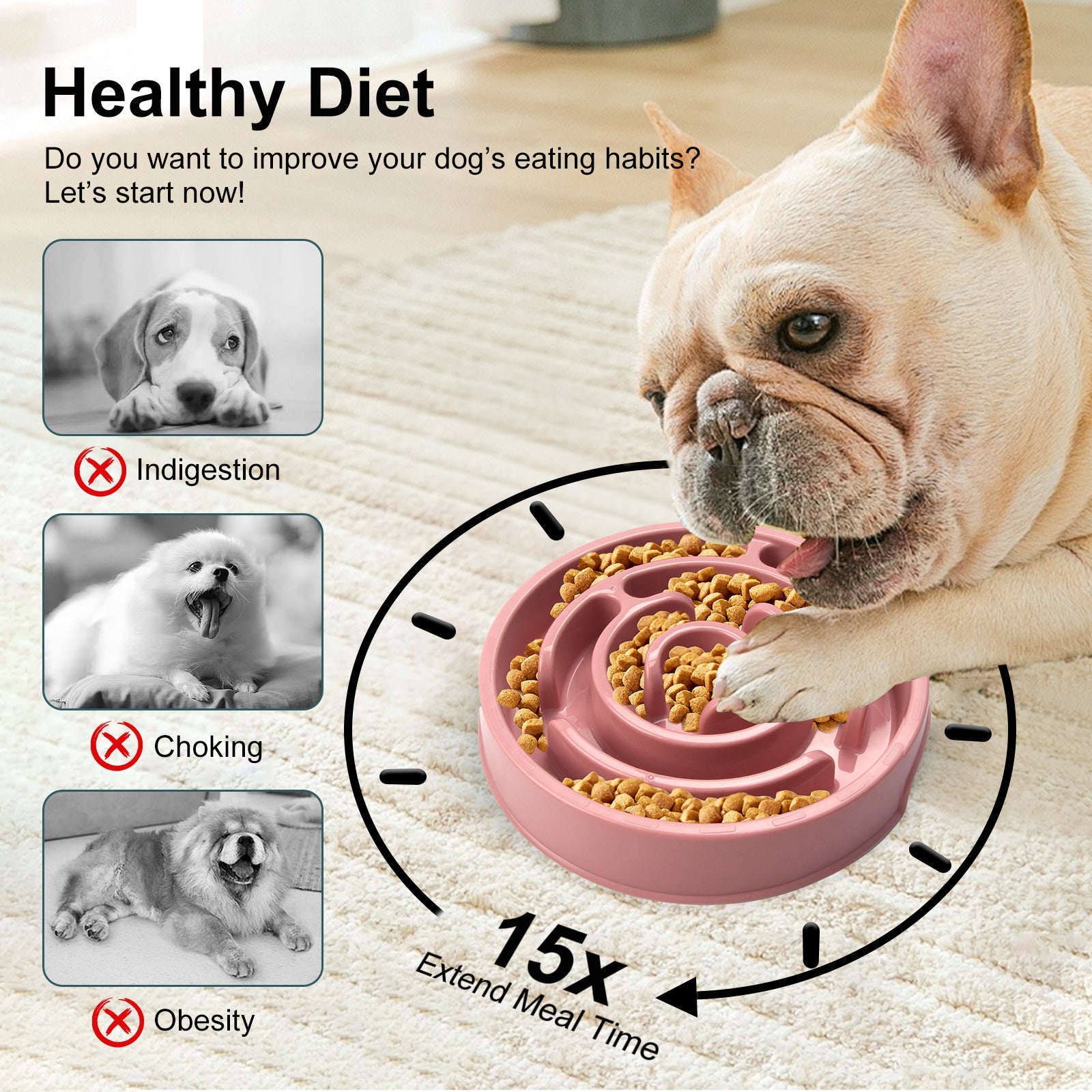 KFX-2769213 Slow Feed Pet Bowl with Neck Protection - Lightweight Anti-Choke Design in Multiple Colors