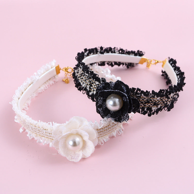 KFX-2771005 Hand-Woven Adjustable Cat Collar with Bell and Pearl Flower Design in Various Colors