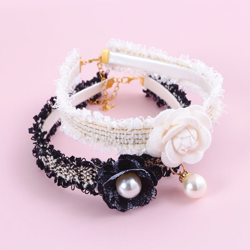 KFX-2771005 Hand-Woven Adjustable Cat Collar with Bell and Pearl Flower Design in Various Colors