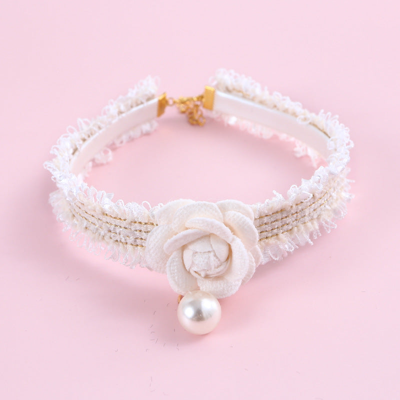 KFX-2771005 Hand-Woven Adjustable Cat Collar with Bell and Pearl Flower Design in Various Colors
