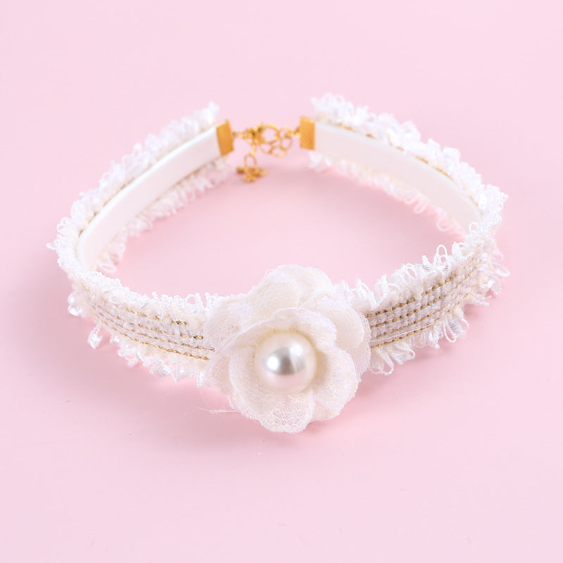 KFX-2771005 Hand-Woven Adjustable Cat Collar with Bell and Pearl Flower Design in Various Colors