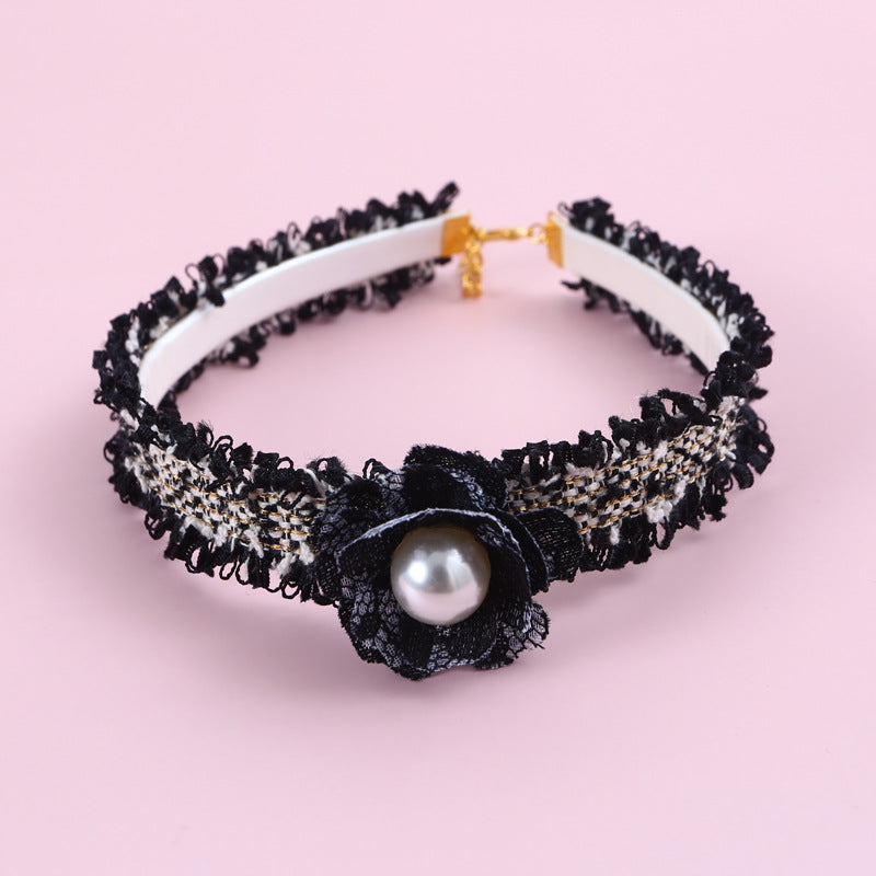 KFX-2771005 Hand-Woven Adjustable Cat Collar with Bell and Pearl Flower Design in Various Colors