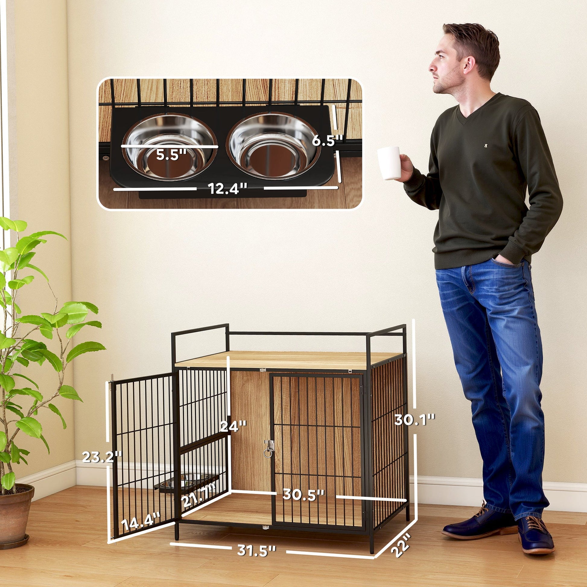 KFX-2772669 30 Inch Dog Crate Side Table with Rotating Bowls and Anti-Escape Doors for Medium Dogs, Oak Finish