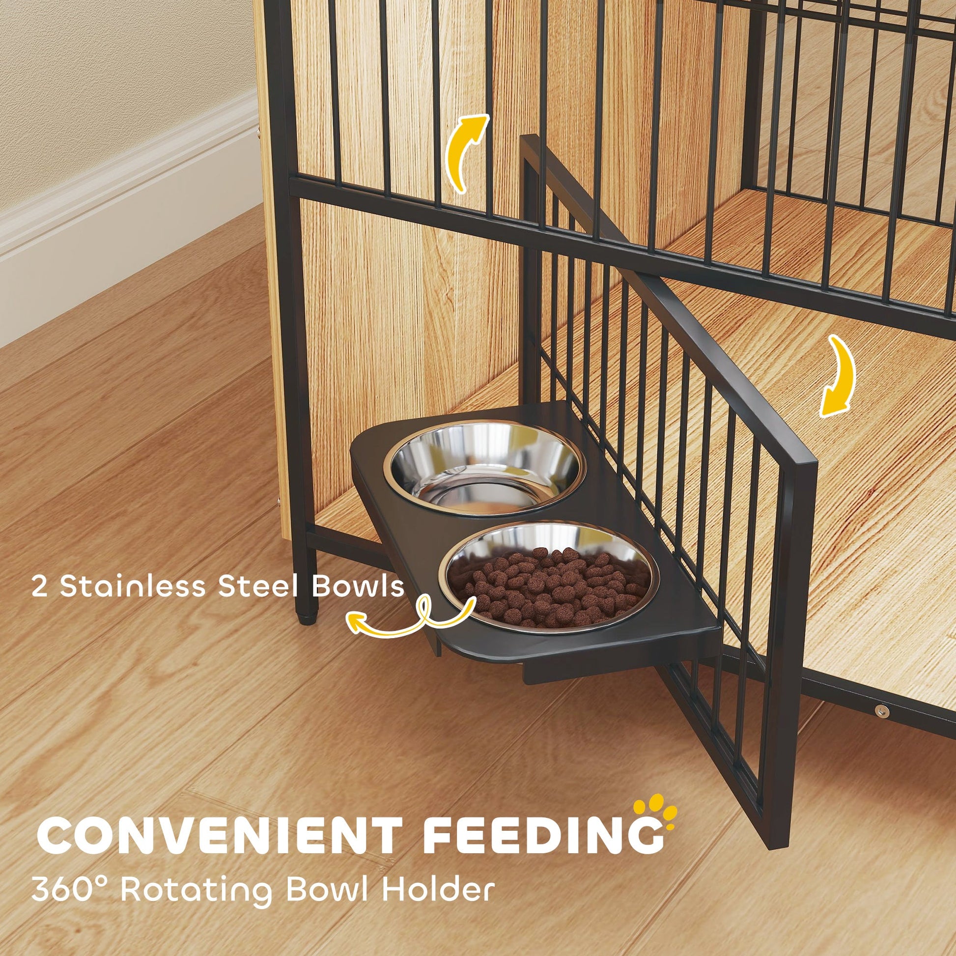 KFX-2772669 30 Inch Dog Crate Side Table with Rotating Bowls and Anti-Escape Doors for Medium Dogs, Oak Finish