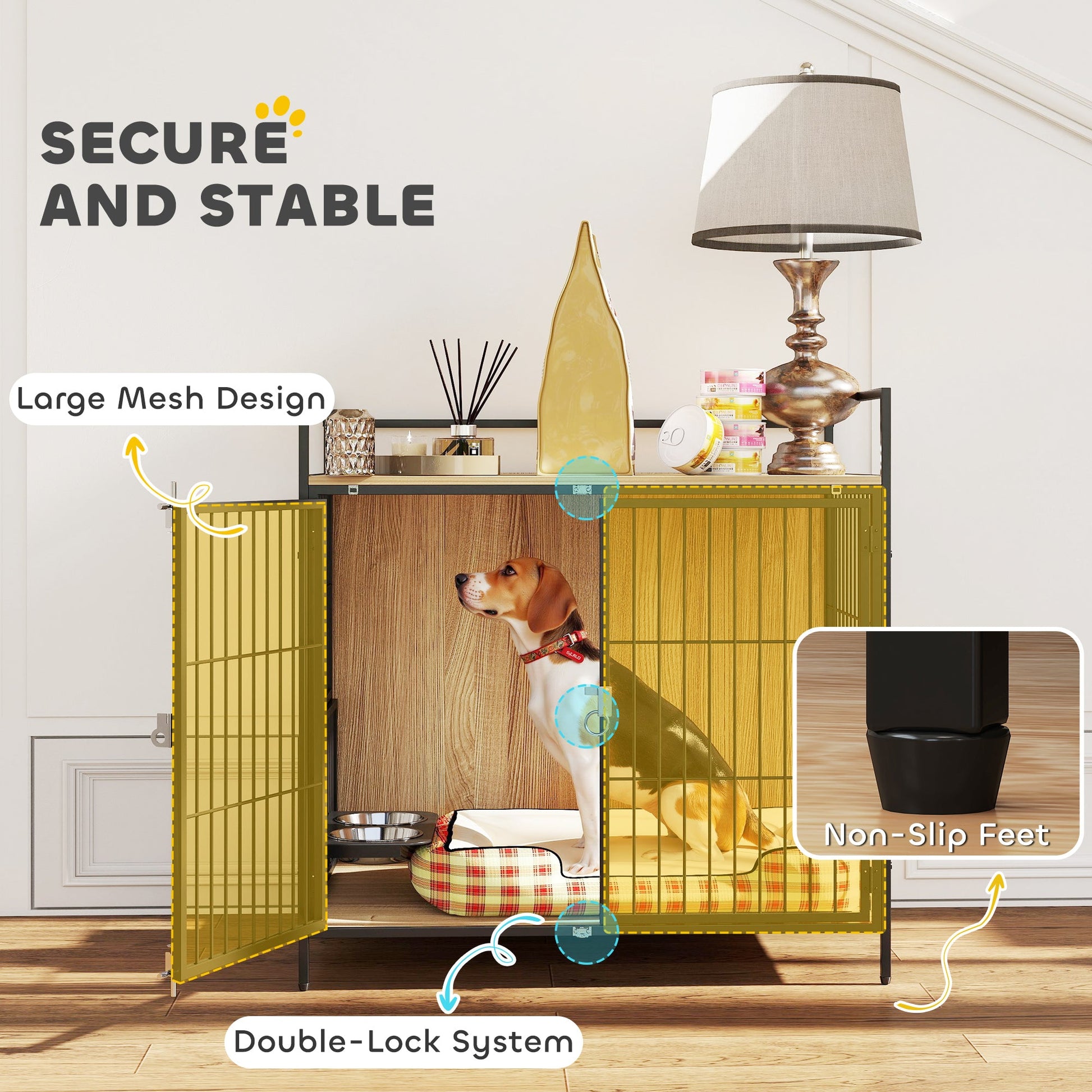 KFX-2772669 30 Inch Dog Crate Side Table with Rotating Bowls and Anti-Escape Doors for Medium Dogs, Oak Finish