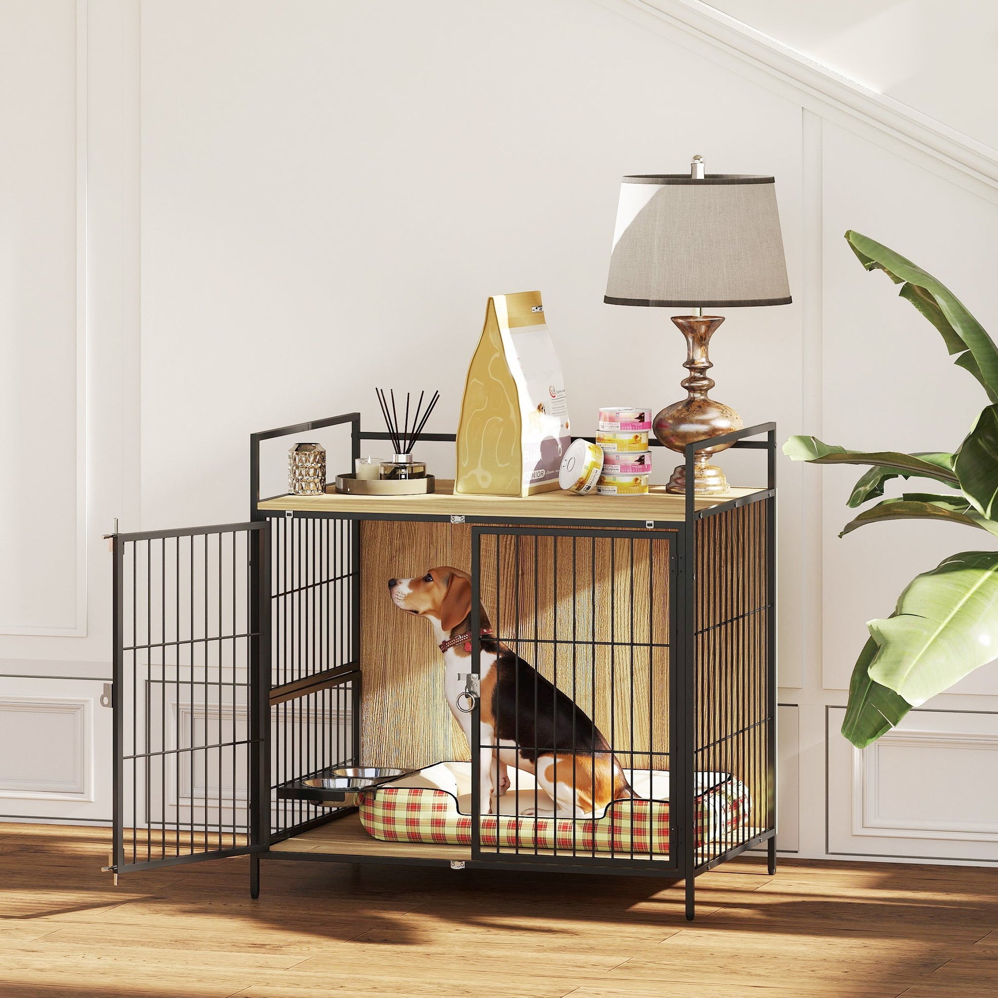 KFX-2772669 30 Inch Dog Crate Side Table with Rotating Bowls and Anti-Escape Doors for Medium Dogs, Oak Finish