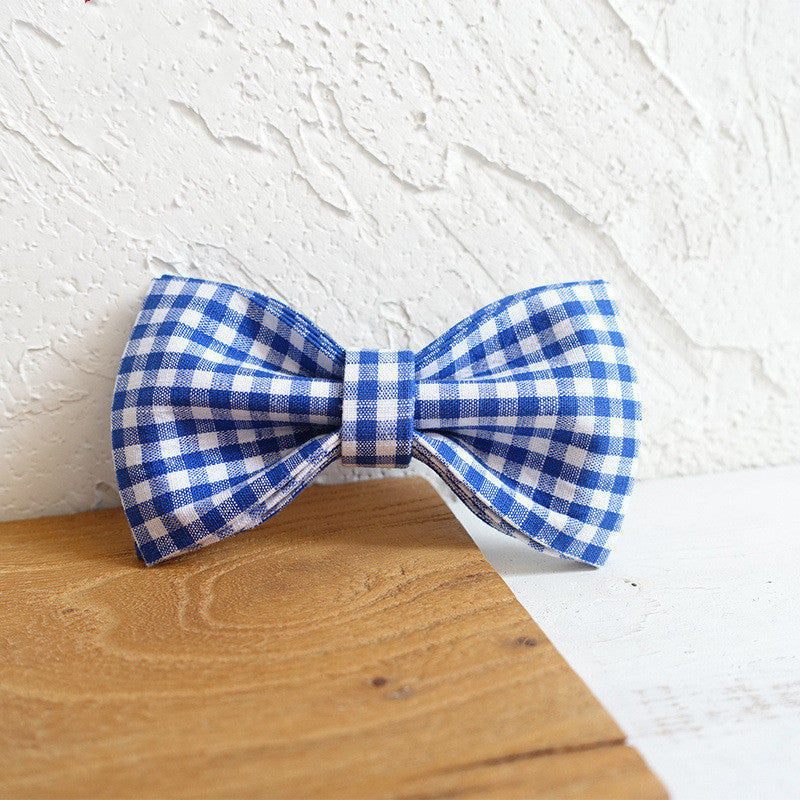 KFX-2774589 Adjustable Blue Plaid Dog Collar and Leash Set with Bow Tie - Handmade, Comfortable Fit for All Sizes