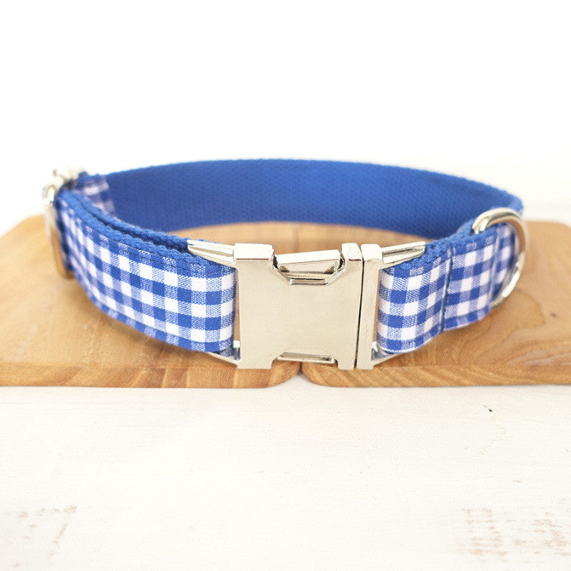 KFX-2774589 Adjustable Blue Plaid Dog Collar and Leash Set with Bow Tie - Handmade, Comfortable Fit for All Sizes
