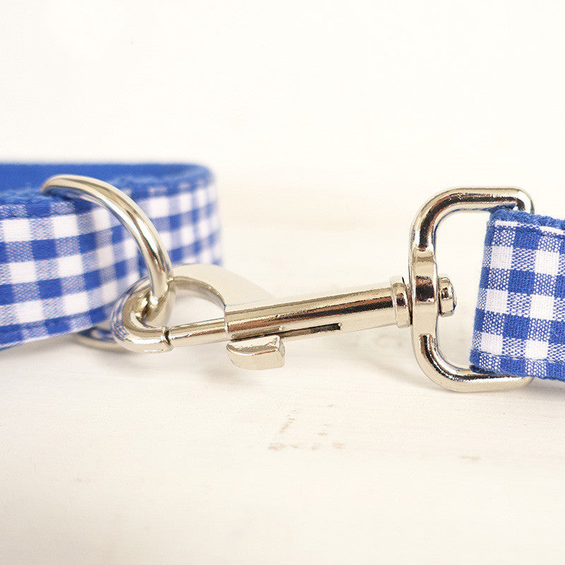 KFX-2774589 Adjustable Blue Plaid Dog Collar and Leash Set with Bow Tie - Handmade, Comfortable Fit for All Sizes