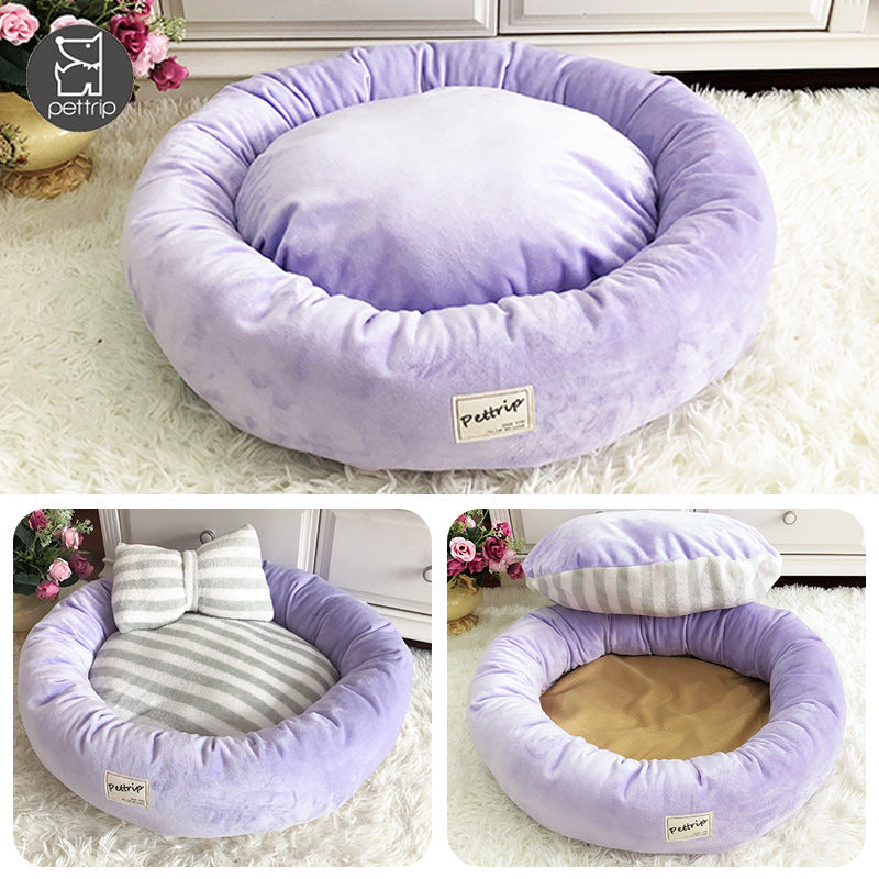 KFX-2774845 Cozy Crystal Velvet Round Pet Kennel with Pillow - Available in Blue, Pink, Purple