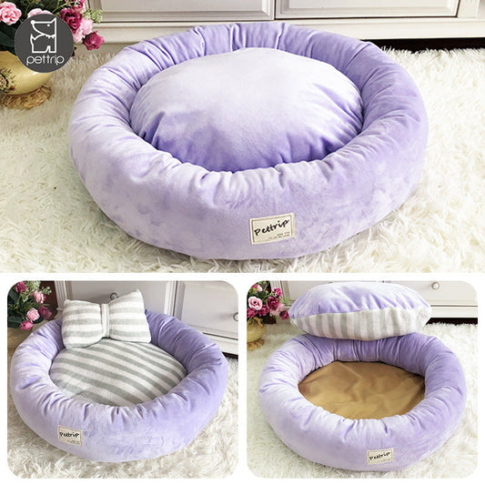 KFX-2774845 Cozy Crystal Velvet Round Pet Kennel with Pillow - Available in Blue, Pink, Purple