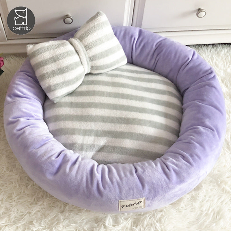 KFX-2774845 Cozy Crystal Velvet Round Pet Kennel with Pillow - Available in Blue, Pink, Purple