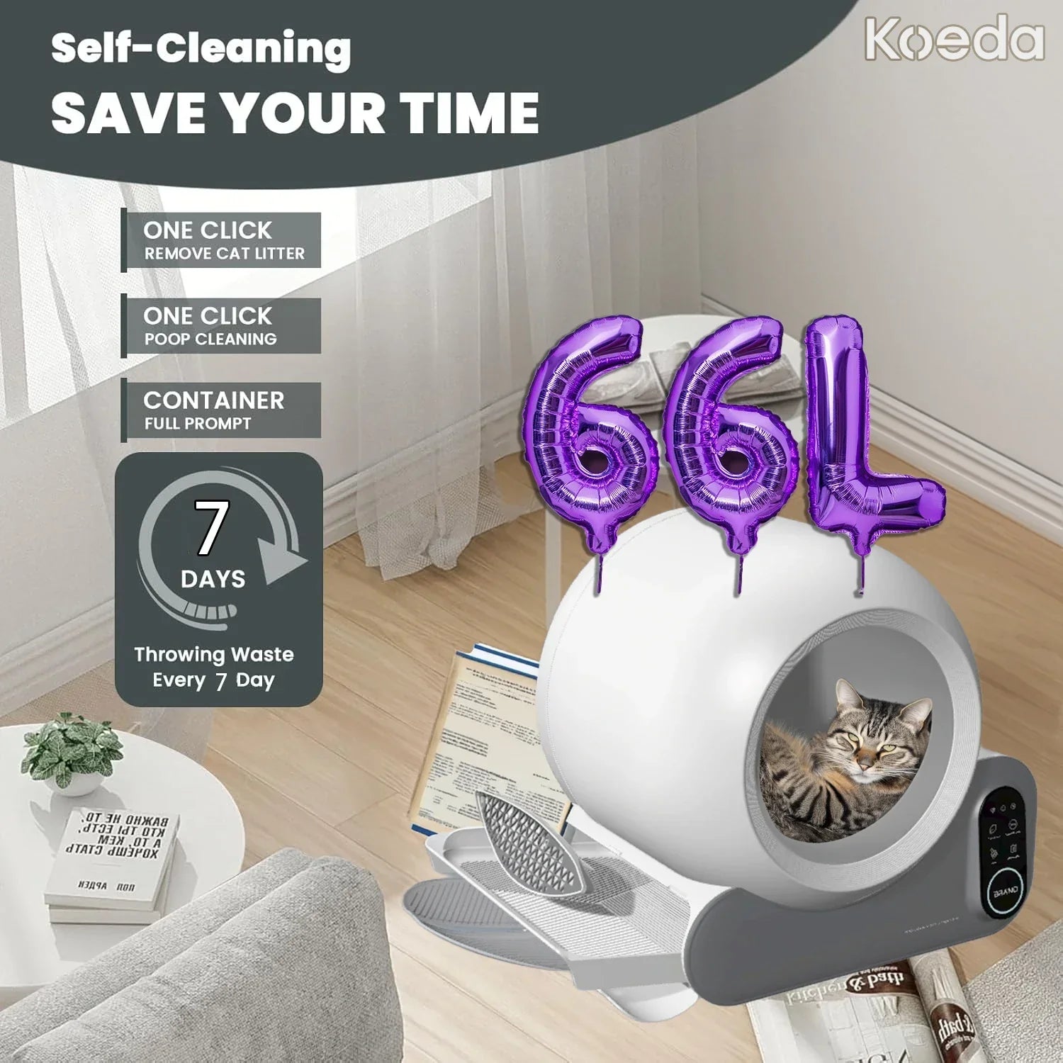 KFX-278035 Automatic Smart Cat Litter Box with APP Control and Odor Removal, Suitable for Multiple Cats