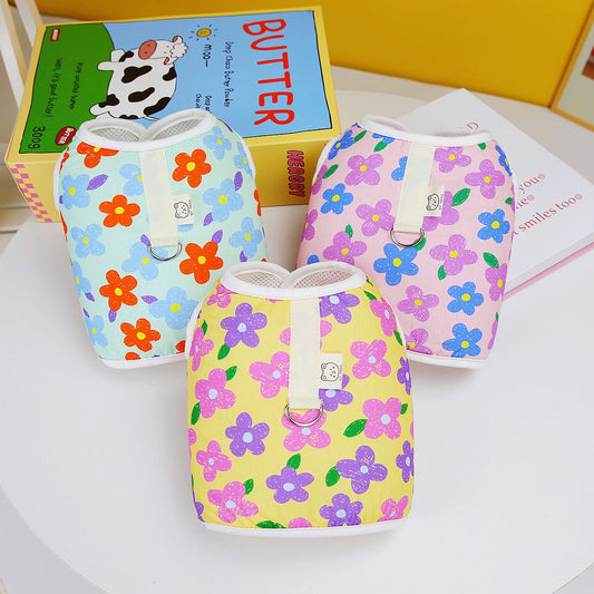 KFX-2781117 Chest and Back Traction Vest for Dogs with Lead Rope - Cotton and Floral Design in Light Blue, Light Yellow, and Pink