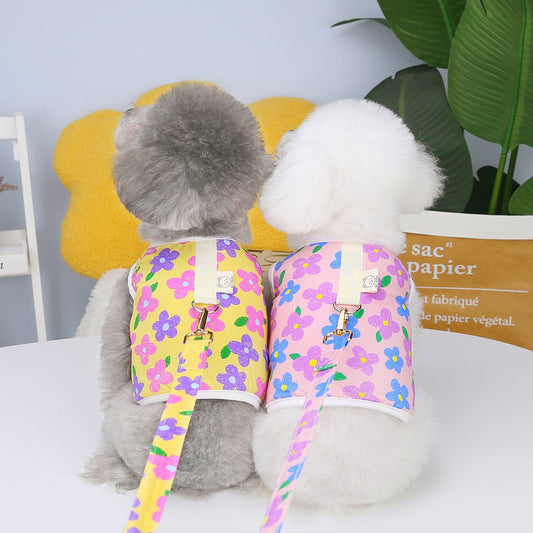 KFX-2781117 Chest and Back Traction Vest for Dogs with Lead Rope - Cotton and Floral Design in Light Blue, Light Yellow, and Pink
